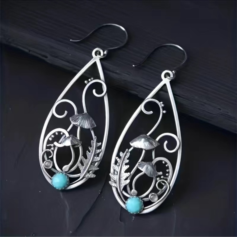 1 LEFT! Silver Bohemian Turquoise Drop Hoop Earrings